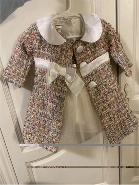 Blueberi Boulevard Girls' Multicolor Tweed Coat with White Satin Bow